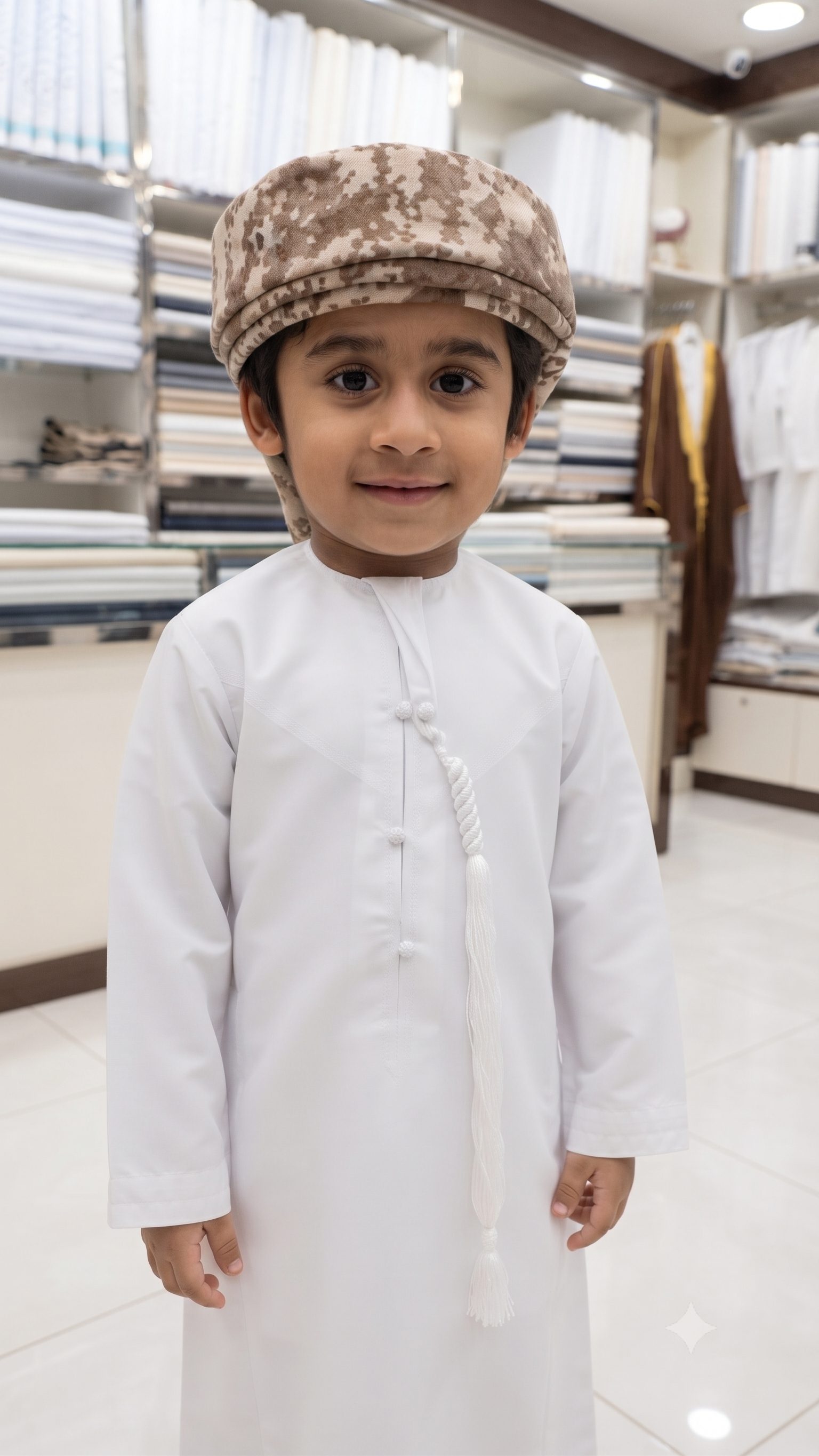 Young client fitted in a bespoke kids' Qandora at ASAYEL GENTS Tailoring